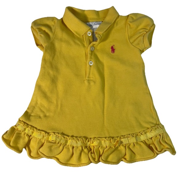 Ralph Lauren Baby Girl Polo Dress Yellow Ruffle Hem‎ Pink Pony Logo Cotton 3M - Picture 1 of 7